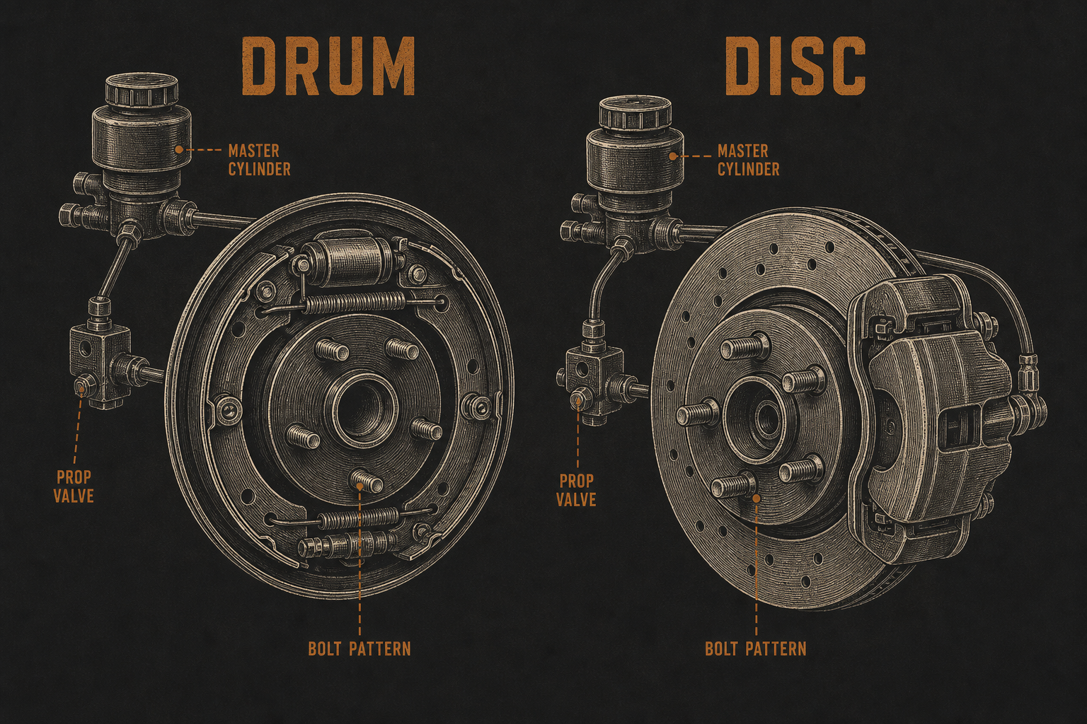 Drum versus disc brake diagram