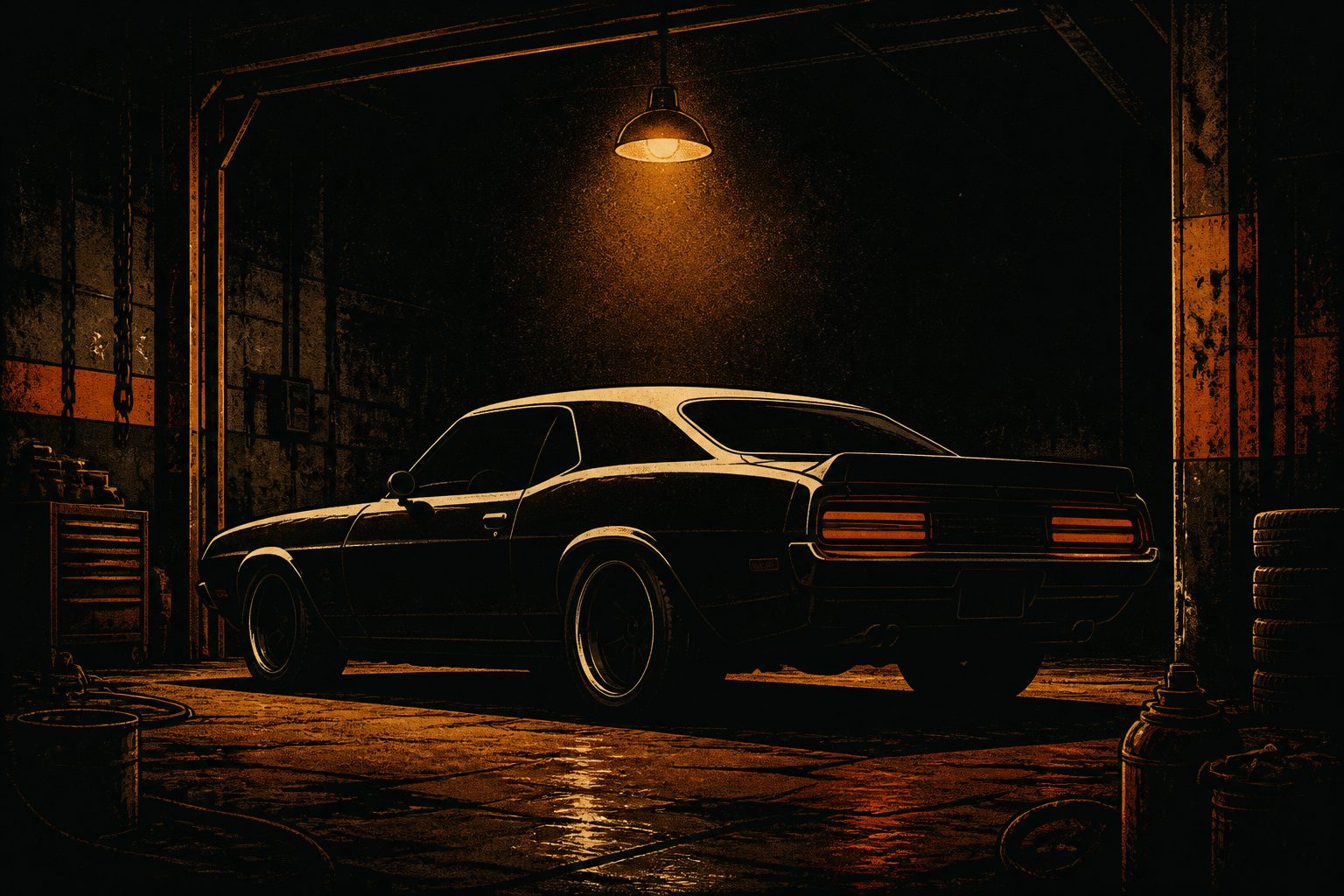 Muscle coupe under a single bay light
