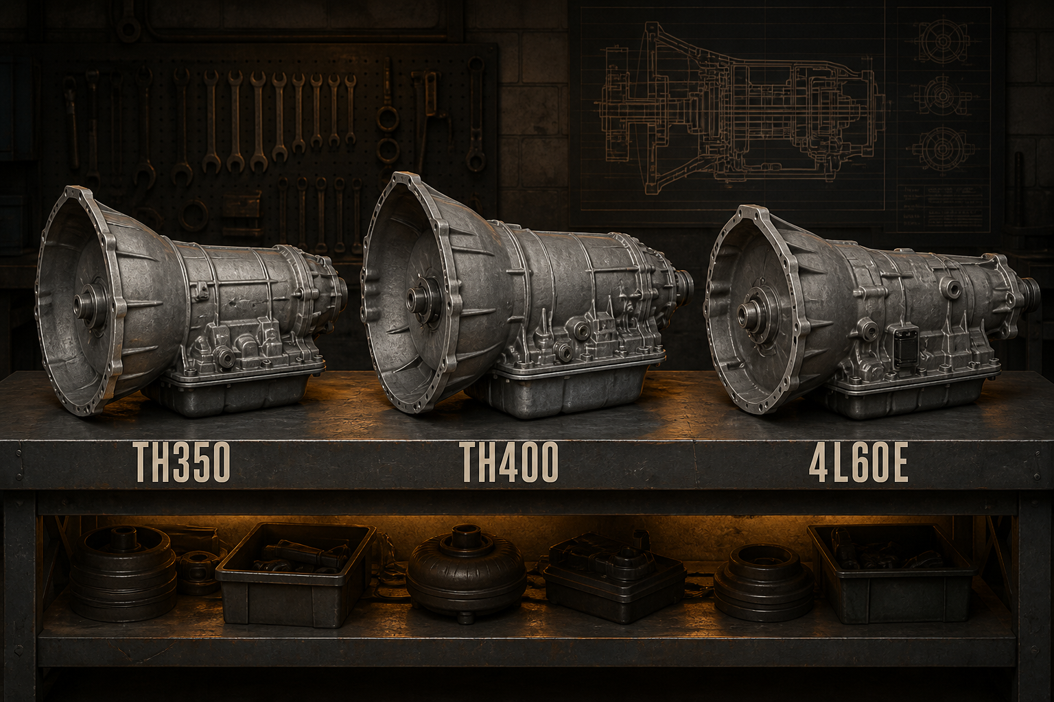 TH350, TH400, and 4L60E on a bench